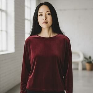 J. Jill Red Bordeaux Velvet Round Neck ¾ Sleeve Top | L NWT Modest Lagenlook